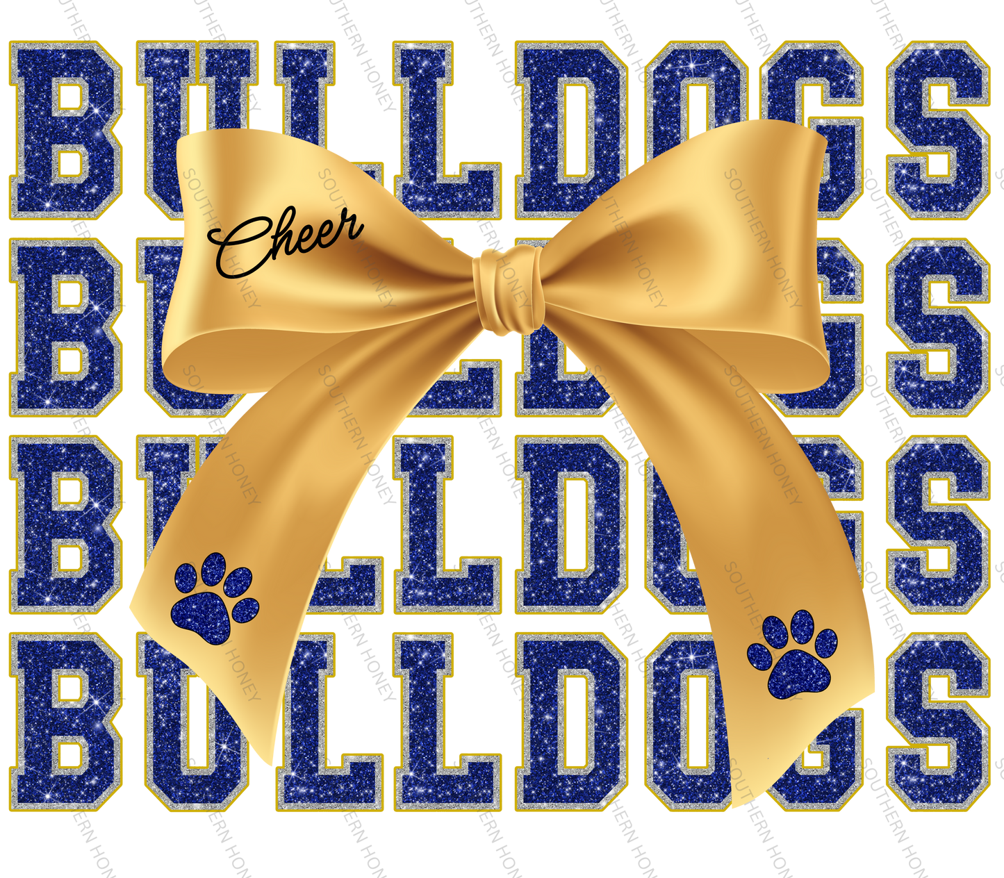 Gold bow with paw print and 'Cheer' text on a blue glittery background